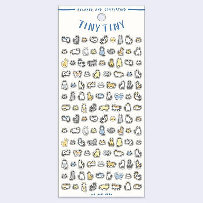 Sheet of small cat illustrations with 'Tiny Tiny' branding on a light blue background