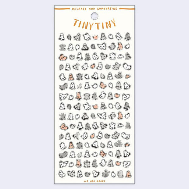 Sheet of small, colorful illustrations of ghosts with 'Tiny Tiny' branding on a white background