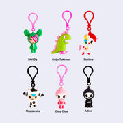 6 design variations for small, soft PVC material bag charms. Options are: SANDy, Kaiju Tokimon, Stellina, Mozzarella, Ciao Ciao or Adios.