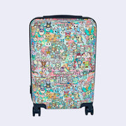 Hardcover suitcase, rounded edges, covered completely in a busy pattern imagery of cute tokidoki characters at a carnival. All characters are decorated in carnival themed attire.