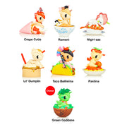 7 differently designed themed food unicorns: crepe, ramen, nigiri, dumpling, taco, pasta and salad.