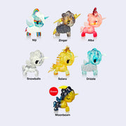 7 differently designed vinyl unicorn figures, all semi transparent with different weather themes. Unicorn themes include: rainbow, lightning, sunset, snow, sun, rain and moonbeam.