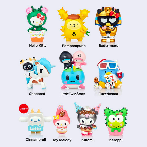10 different designs of Sanrio characters dressed as tokidoki characters, such as Hello Kitty, Pompompurin, Badtz-maru, Chococat, LittleTwinStars, Tuxedosam, Cinnamoroll, My Melody, Kuromi, and Keroppi.