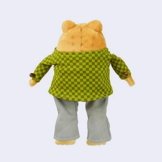 Plush doll of Toad from Frog and Toad, wearing a checkered jacket with sewn on beads as buttons, gray trousers and a pleather belt.