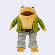 Plush doll of Toad from Frog and Toad, wearing a checkered jacket with sewn on beads as buttons, gray trousers and a pleather belt.