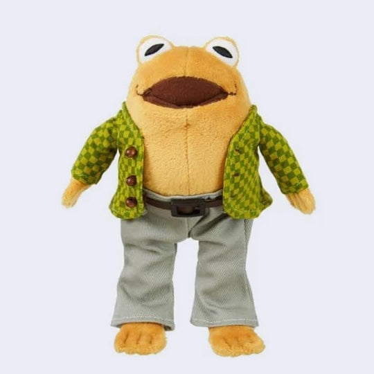 Plush doll of Toad from Frog and Toad, wearing a checkered jacket with sewn on beads as buttons, gray trousers and a pleather belt.
