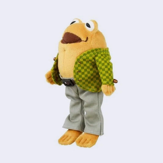 Plush doll of Toad from Frog and Toad, wearing a checkered jacket with sewn on beads as buttons, gray trousers and a pleather belt.