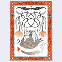 A whimsical illustration of two kittens sitting on a woven seed, beneath a large black wireframe arch, with orange flowers, a decorative orange border, and a pale blue-gray background.