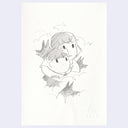 Graphite illustration of 2 young characters hugging one another.