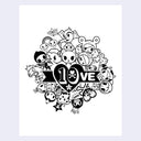A black and white graphic print featuring a dense collage of cute, cartoon-like character faces and symbols surrounding the word 'LOVE' in large letters, centered on a white background with a light gray border.