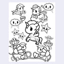 Black and white line art illustration of a cute cartoon unicorn and floral cloud characters, likely a coloring page or printable design.