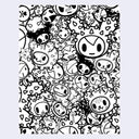 A black and white graphic print featuring a dense collage of various cartoon character faces and doodle-style icons on a light gray background.