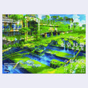 Illustrated book cover of a futuristic city with a lot of greenery and water.