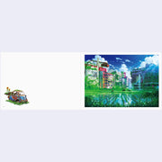Colorful cityscape with modern buildings and a small vehicle on a white background