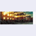 Painting of a dilapidated building with glowing windows at night.