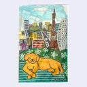 Painting of a dog sitting on a couch with the Tokyo skyline out the window behind.