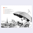 Illustration of a person holding an umbrella with a cityscape and Tokyo Tower in the background.