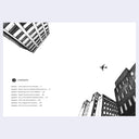 Illustrated cityscape with buildings and a plane, featuring a contents page layout.