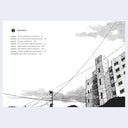 Book table of contents with black and white illustration of a building and power lines.