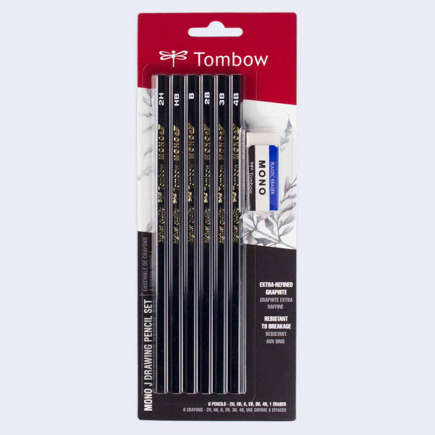 Packaged set of 6 pencils, all different graphite density. Includes a plastic eraser.