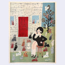 A stylized art print featuring a woman sitting on a stool in front of a house with many rabbits around her. The artwork has a cream border and is shown against a light gray background.