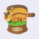 Wind-up music playing figurine of Catbus from My Neighbor Totoro, standing atop a greenery on a wooden looking base. Catbus is smiling with a slight curve in its stance.