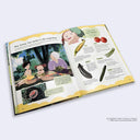 Open book showing illustrations and text about vegetables and gardening