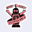 Die cut sticker of a black and pink tin toy robot, with its arms extended out and a circular antenna on its head. A sash levitates around him with Japanese kanji written on it and overhead reads "Giant Robot" in English.