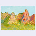 A colorful landscape painting depicting tall red and orange rock formations with green vegetation under a light blue sky, shown centered on a pale gray background.