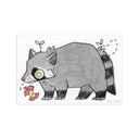 A hand-drawn illustration of a gray raccoon with black and white markings, eating a red apple core on a white background.