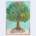 A whimsical painted tree with green leaves, brown trunk and roots, a gray bear at the top, a bird and yellow spotted cat in the branches, and a small red apple hanging from one branch, set against a light blue background.