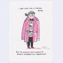 Cartoon character in a pink trenchcoat with text about anxiety disorders on a white background.
