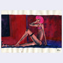 Artistic depiction of a woman with pink hair sitting on a red couch.