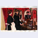 Artistic depiction of a woman looking into a mirror with a red curtain background