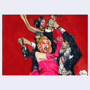 Artistic depiction of multiple people in formal attire with chains on a red background