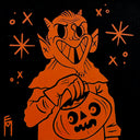 A stylized orange cartoon devil character with horns, a wide grin, and a jack-o'-lantern bucket, set against a black background with orange star and x shapes.