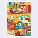 Painting of a vintage thrift store - with many trinkets, books, figures and home items displayed on 2 shelves and on the floor in warm lighting. Items include notable characters such as Bart Simpson, Ernie, Betty Boop, Keroppi, Charlie Brown, etc.