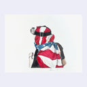Painting of someone facing away, with the American flag wrapped around them like a scarf. They wear a camera strapped to their head.