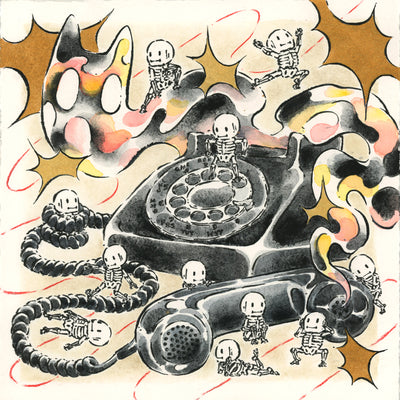 Surreal illustration of a rotary phone with skeleton figures around it on a colorful background.
