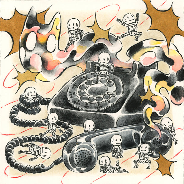 Surreal illustration of a rotary phone with skeleton figures around it on a colorful background.