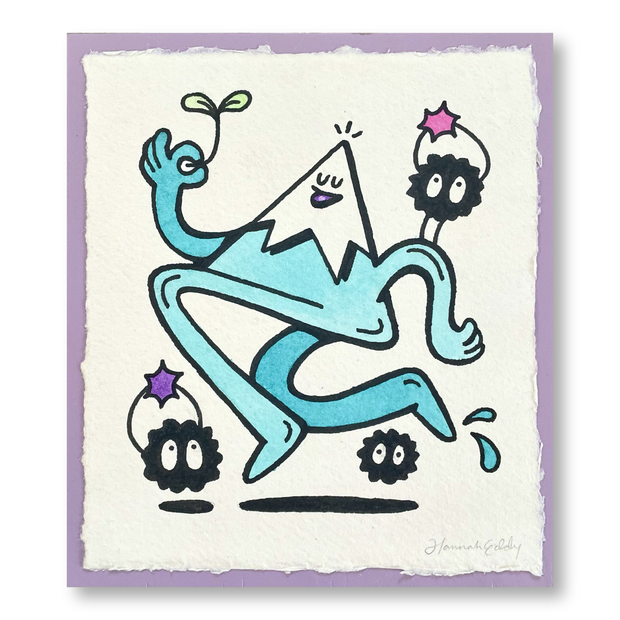 Painting of a stylized cartoon mountain with arms and legs, happily skipping and holding a sprout. Around it are small dust sprites, holding up colorful stars. Artwork is on a ragged paper with purple panel behind.