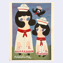 A vintage-style illustrated art print featuring two stylized figures in white sailor hats and white dresses with red bows, standing on green ground against a blue background, with a black bird above. The name 'addeline' appears at the bottom.