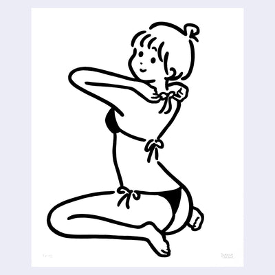 Black and white line drawing of a woman in a string bikini sitting on her knees and tying the back of her bathing suit.