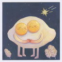 Illustration of two egg characters, sharing the same white but with different yolk faces hugging with small trees below and in front a night sky.
