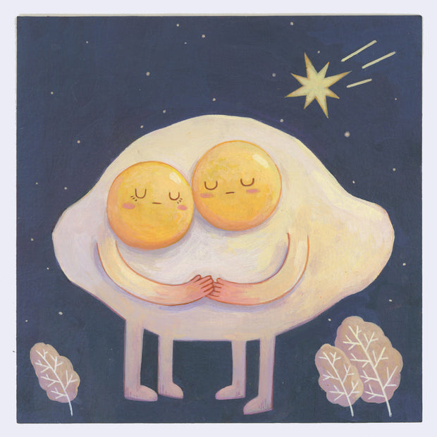 Illustration of two egg characters, sharing the same white but with different yolk faces hugging with small trees below and in front a night sky.