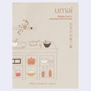 Book cover for Umai, a beige cover with a line art illustration of a kitchen counter with a stove and shelves.