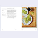 Recipe card for matcha to choco no cookies, with a photograph of a plate of matcha cookies serves with a mug of coffee.