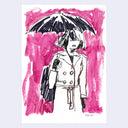Artistic illustration of a person holding an umbrella with pink background