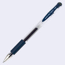 A Uni-ball Signo DX uncapped gel pen with a dark blue grip and clip, a clear barrel, and a silver metal tip, shown diagonally on a light gray background.