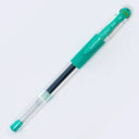 Clear body pen, a uniball Signo DX .38m capped gel pen with emerald-green ink and matching cap.
